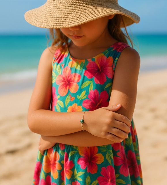 A gold children's bracelet. Peacock reflections, black or soft grey, to illuminate the first movements of a life in light.