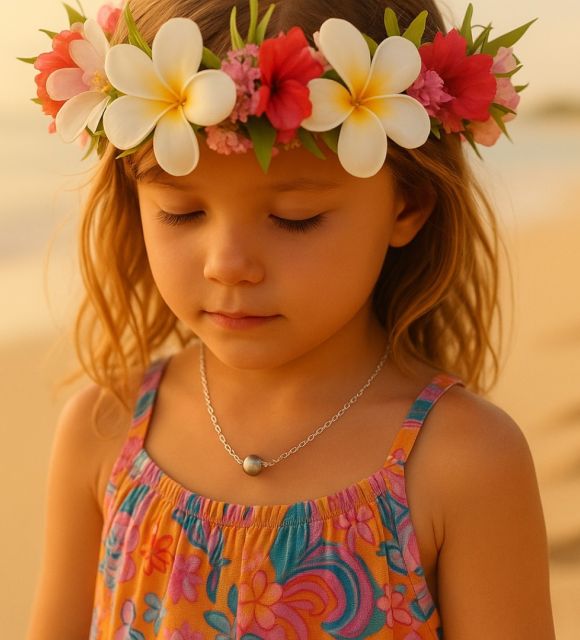 Une perle de Tahiti posée sur un fil d’argent, douce comme un secret, brillante comme un rêve d’enfant, pour grandir, tout en lumière et en délicatesse.