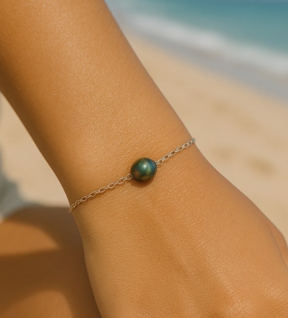 925/00シルバー製ブレスレット タヒチ産セミバロック養殖真珠8/9mm、タヒチ真珠が輝くシンプルなデザイン - 認定保証付き