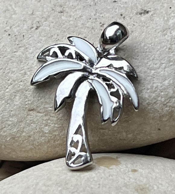 Adorable palmier en argent et émail blanc - pendentif pour homme et femme -