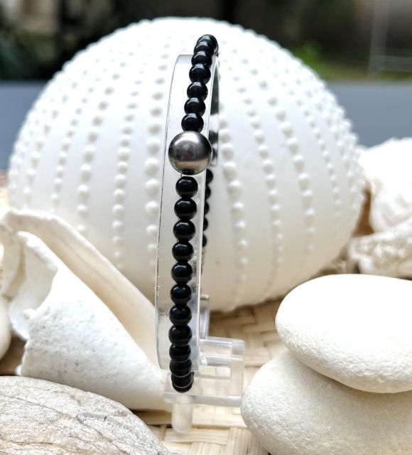 Magnifique bracelet en obsidiennes noires et véritable perle de Tahiti - pièce unique - certificat GIA - livraison gratuite - Fête des Mères
